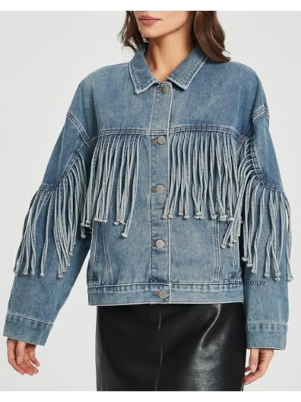 Oversized Fringed Denim Jacket Tassel Long Sleeve Western Country Concert Outfit